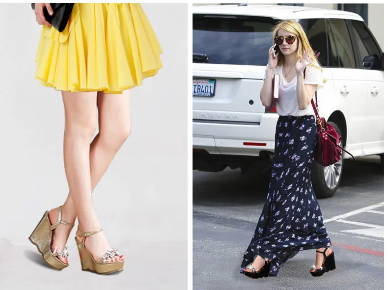 8_2016 New Gold Platform Wedges Sandals Female Summer Sandal Silver Heels Rhinestone Buckle Transparent Casual Shoes For Woman