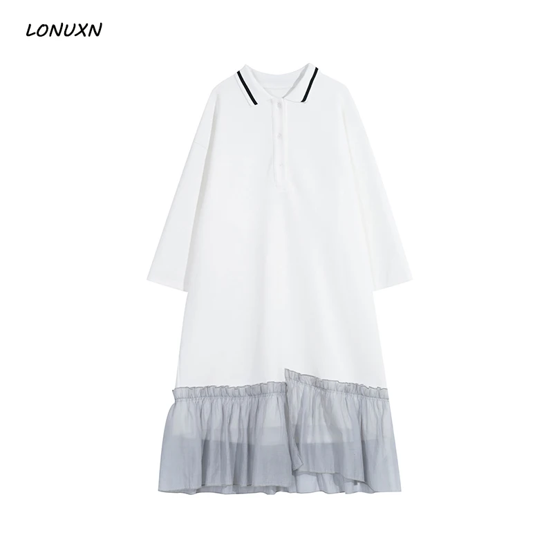 

high quality Korean version autumn College style Striped collar Chiffon Loose Comfortable Female Stitching Solid color dress