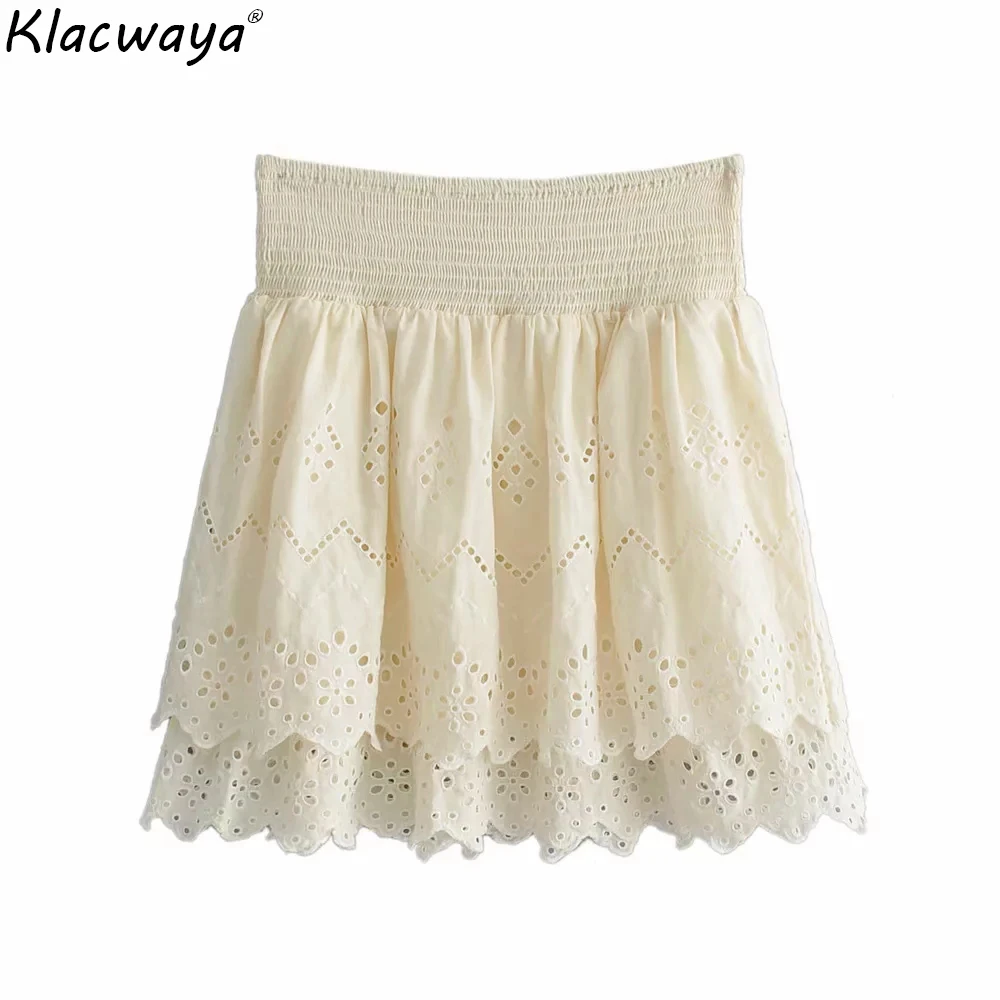 

Klacwaya sweet women beige cotton 100% mini skirts 2019 summer fashion ladies vintage hollow cute skirt Korean girl chic clothes
