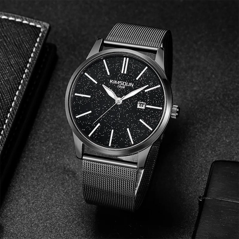 

2019 new fashion men's net strap ultra-thin waterproof belt student quartz watch starry calendar watch men's wristwatch