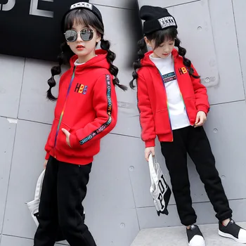 

New Winter Girls Sport Coat 2 Sets Hooded Thick Velvet Lining Jacket Pants Casual Fashion Colorful Zipper Webbing 3 Colors