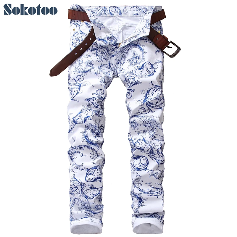 Sokotoo Men's fashion blue and white porcelain pattern print jeans Slim stretch denim pencil pants Long trousers Sokotoo Men's fashion blue and white porcelain pattern print jeans Slim stretch denim pencil pants Long trousers
