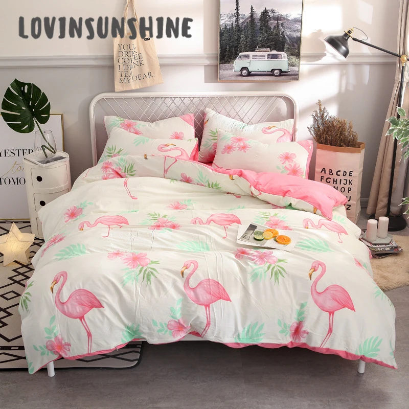 

LOVINSUNSHINE Duvet And Bedding Sets Duvet Quilt Cover Set Cartoon Flamingo Print King Bed Sheet Set AB#39