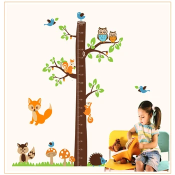 

Children Height Wall Sticker Wallpark Large Cute Owls Birds Cartoon Naughty Squirrels Climbing Big Brown Tree Height Sticker