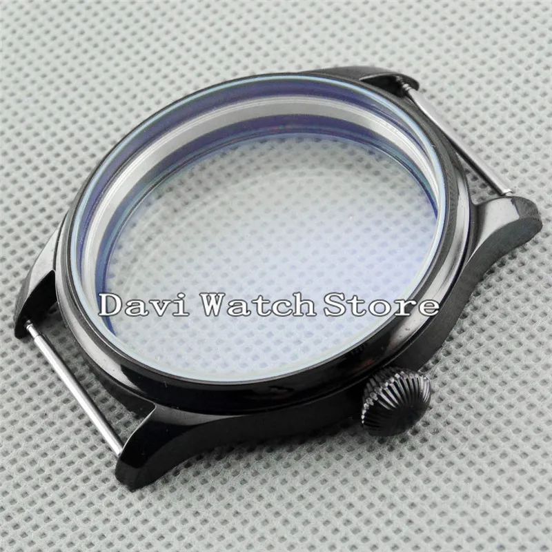 

44mm Black Stainless Steel PVD Mens Watch Case fit eta 6497 6498 Seagull st36 Movement A517