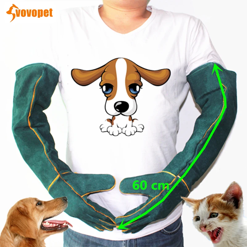 VOVOPET Pet Anti-bite gloves green safety long thick Cowhide dog cat Resistant Protective Gloves pets bites protective gloves