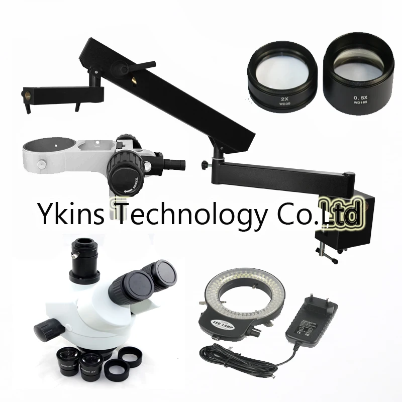 

3.5X 7X 45X 90X Simul-focal Trinocular Articulating Arm Pillar Clamp Stereo Microscope 144 LED Ring lights lamp 0.5X 2.0X Lens