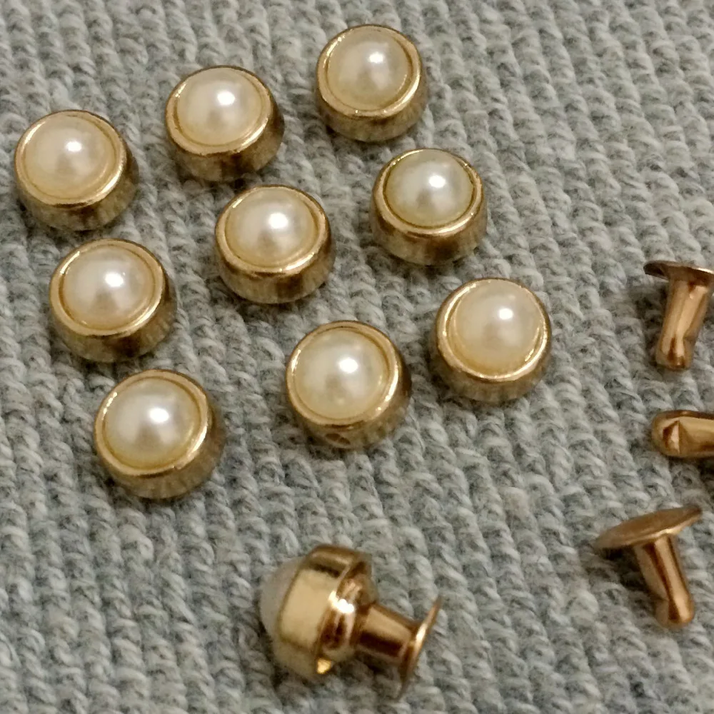New 50pcs 7mm Round Gold Acrylic Pearl Rivets Leather Craft Punk Studs