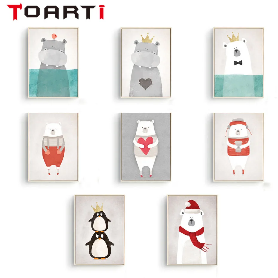 Мультяшный постер с изображением милого медведя и бегемота А4 минималистское