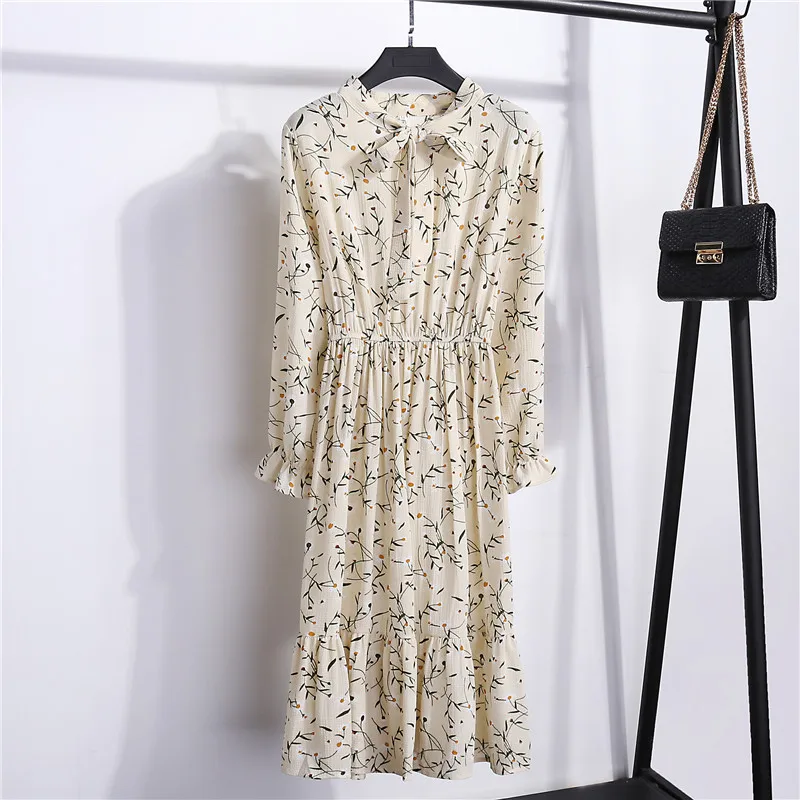 Женские шифоновые платья осень W со стоячим длинным рукавом Элегантные платья для женщин цветочный принт оборки Vestido милое платье для офиса