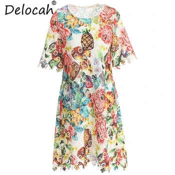 

Delocah Women Summer Dresses Runway Fashion Short Sleeve Printed Beading Sequined Hollow Out Elegant Casual Loose Short Dresses