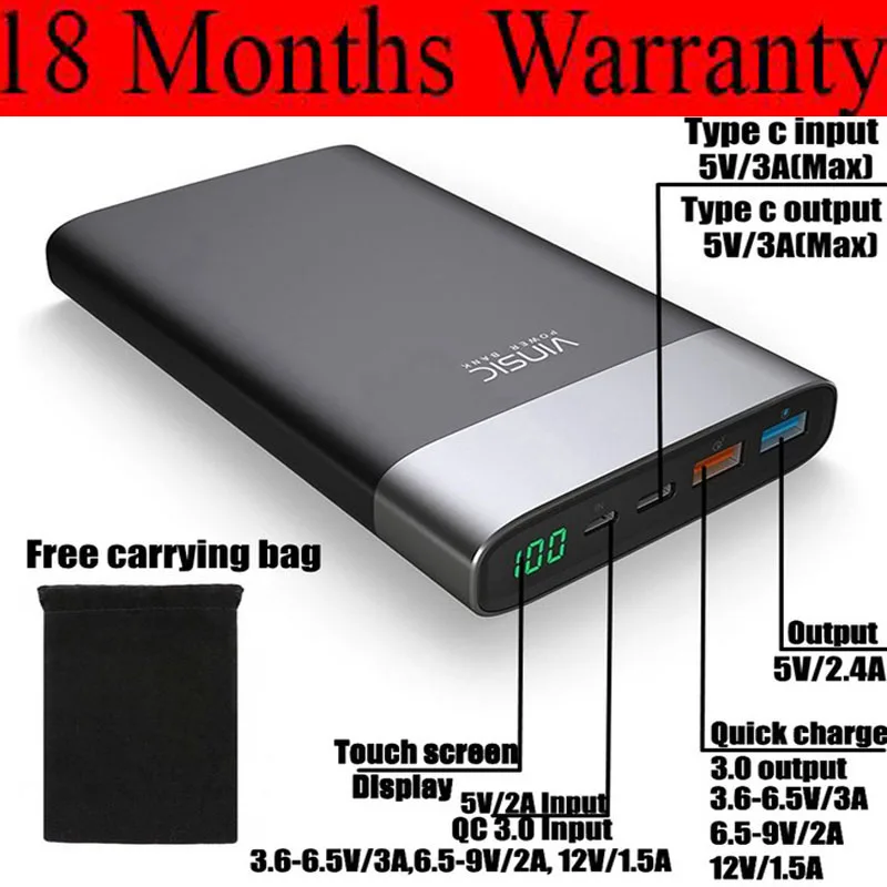 

Vinsic Quick Charge 3.0 Power Bank 20000mah QC3.0 Type C 3A for Xiaomi Mi6 Mix Samsung Galaxy S8 Note9 Nexus 5X 6P LG Charger
