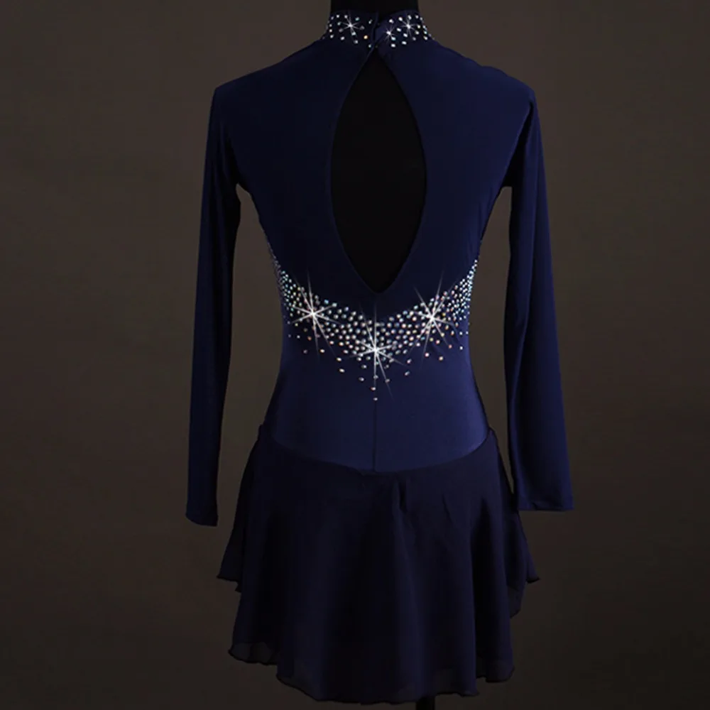 Фигурное катание платье Для женщин/Girls'Ice катание платье Темно-синие со стразами/блесток высокая эластичность