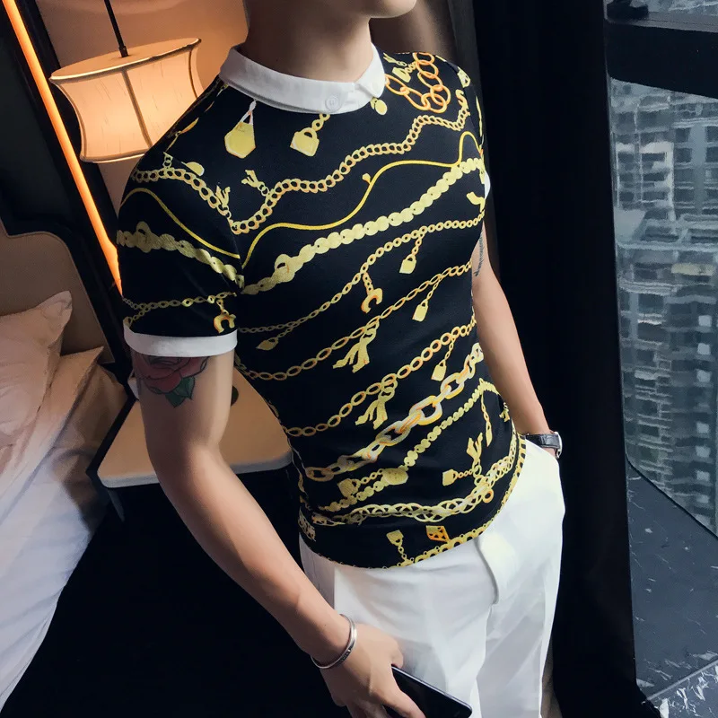 

Summer Gold Printing Short Sleeve T shirt men Baroque Fashion Lapel casual slim fit top Streetwear T shirt Club Party Homme