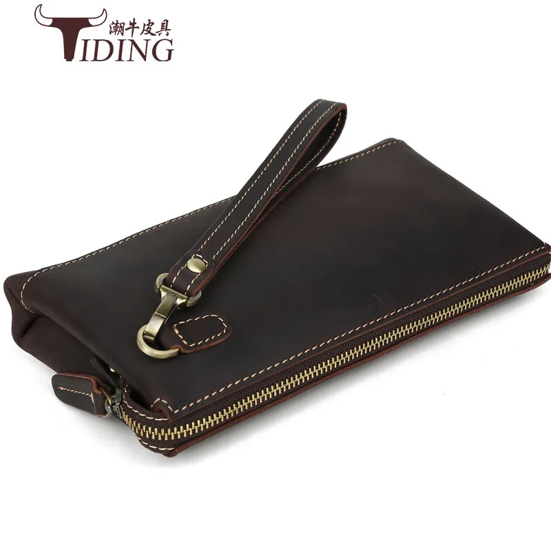 

TIDING Vintage Genuine Crazy Horse Leather Men Business Clutch Bag Handbag Retro Cowhide Leather Purse Wallet 2016 New Free Ship