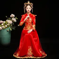 Восточный Свадебные платья красный Cheongsam пикантный китайский женский халат длинные традиционные китайские платья Vestidos Chines Чино Tradicional