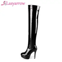 Lasyarrow свадебные туфли большой размер 34-48 Для женщин Сапоги и ботинки для девочек Лакированная кожа Сапоги выше колена для женщин Высокие