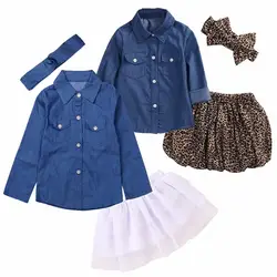 Осень девушка костюмы костюм с длинным рукавом джинсовая рубашка юбка-пачка наряды Обувь для девочек леопардовая одежда с рисунком