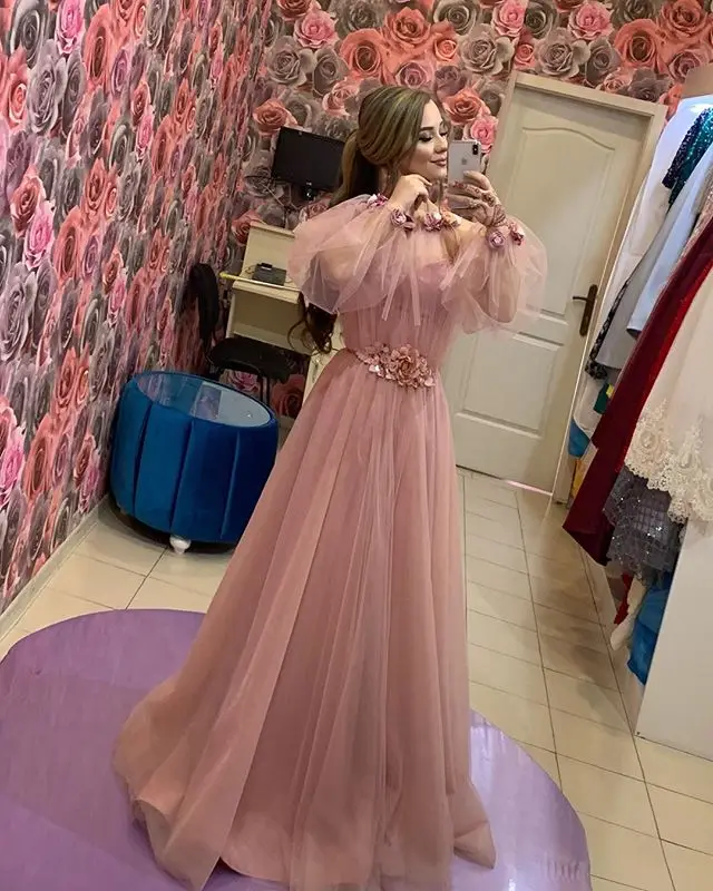 2019 Pink Dubai Muslim Evening Dresses Long Illusion Long Sleeve Flowers Tulle Formal Evening Party Gowns Robe De Soiree