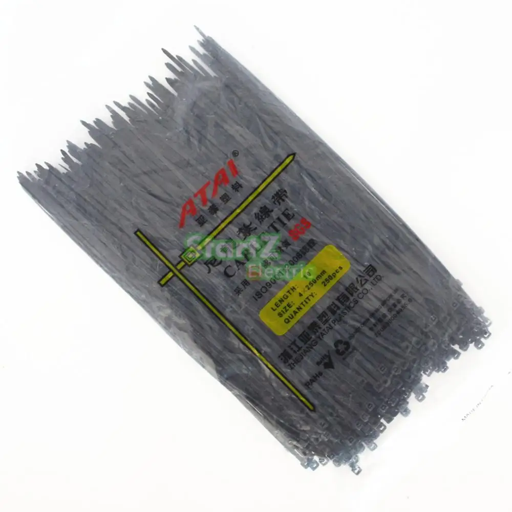 

250PCS 4X250mm ( 10'' Inch) Black Self Lock Plastic Nylon Cable Ties Zip Wire
