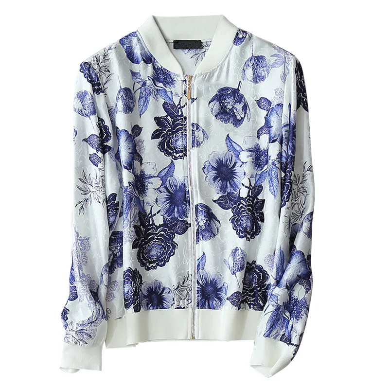 Printemps Flower Fermeture Dots S Cardigan Mode Plane Blue Promotions De l Femmes white D'été Dark Soie Chandail Manteau Éclair Qualité Imprimé Flower dark Haute white Red m HS6qzY