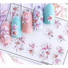  1pc 3D Acrylic Engraved  Nail Sticker Embossed White&Pink Color Flower Water Decals Empaistic Nail Water Slide Decals Z0342 