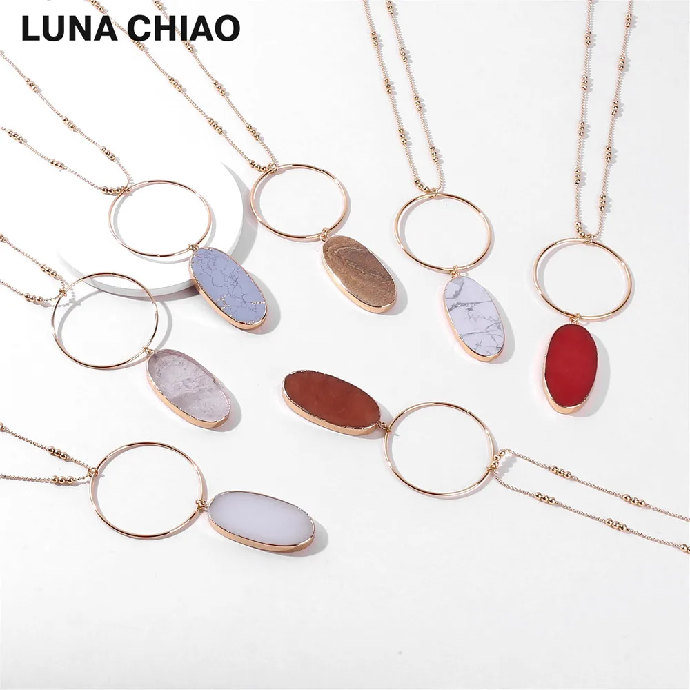 

Gold Plating White Marble Picture Stone 80cm Chain Big Circle Oval Natural Stone Pendant Necklaces for Women