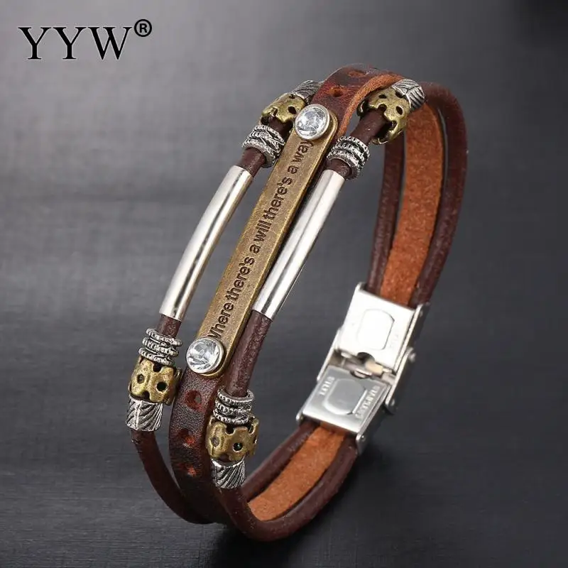 

Punk Men Leather Bracelets Fashion Jewelry Vintage Bracelets & Bangles "Where there's will there's a way" Letter Charm Bracelets