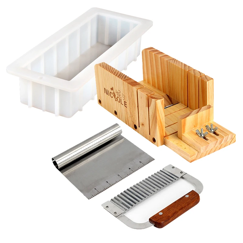 

Nicole Silicone Mold Soap Making Tool Set-4 Adjustable Wooden Loaf Cutter Box 2 Pieces Stainless Steel Blades and 10''Mould