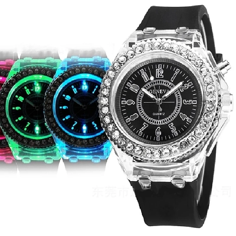 

Gnova Platinum Big Dial Women Watch Geneva Style Flashing LED Black light Fashion Wristwatch Rhinestone silicone crystal clock