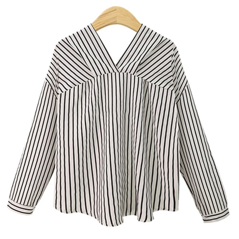 2019 جديد إمرأة الأبيض مخطط T قميص V الرقبة جاكيت كاجوال أنيقة الإناث فضفاض Ruched أعلى زائد حجم 5XL تيز الساخن T8D736C