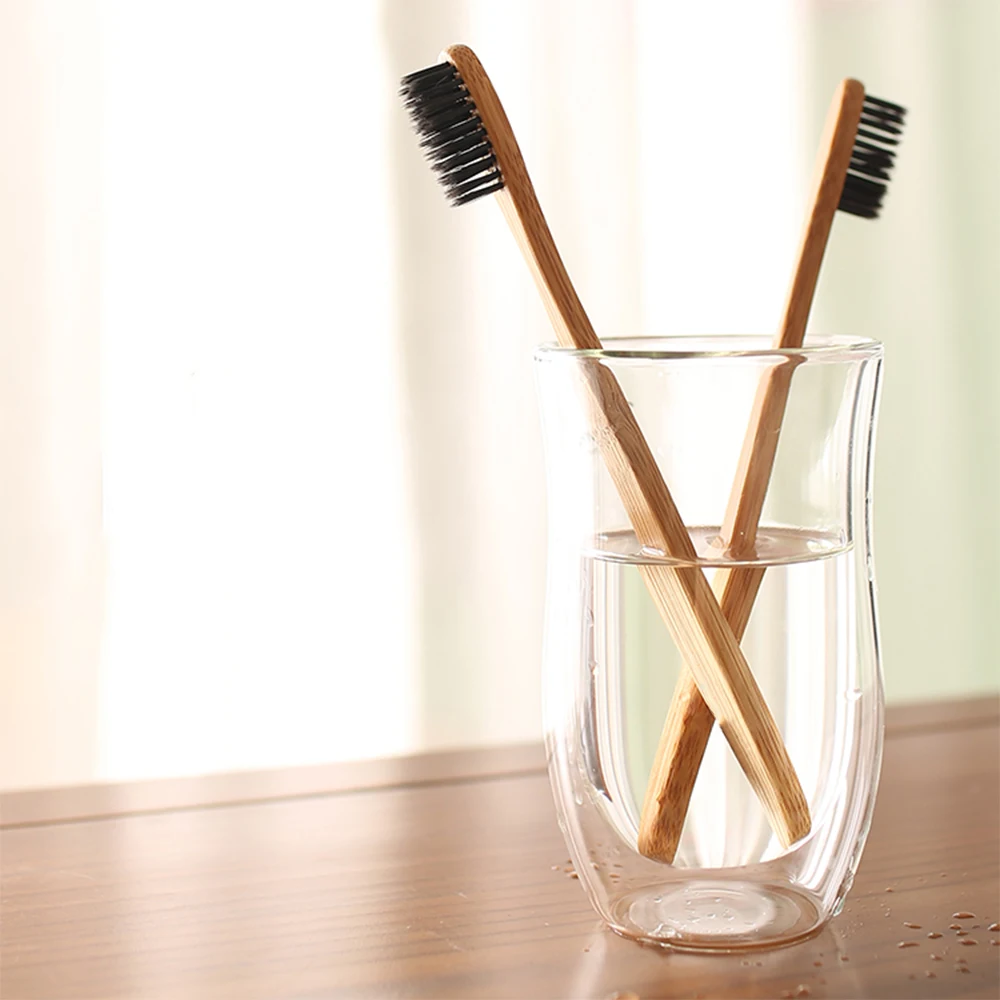 

AZDENT 2pcs Eco friendly Wooden Toothbrush Novelty Bamboo Charcoal Toothbrush Tongue Scraper Cleaning Double Ultra Soft Bristle