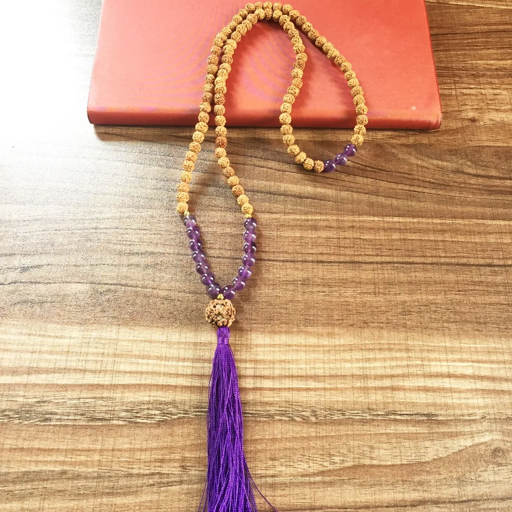 

MXR1002 Purple Quartz 108 Mala Beads Yoga Meditation Beads Bohemian Tassel Necklace Heart Chakra Necklace Bodhi necklaces
