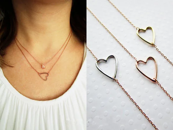 N022 Gold Silver Tiny Line Hollow Out Open Heart Necklaces Simple Wire Wrapped Love Heart Necklaces for Lovers Couples