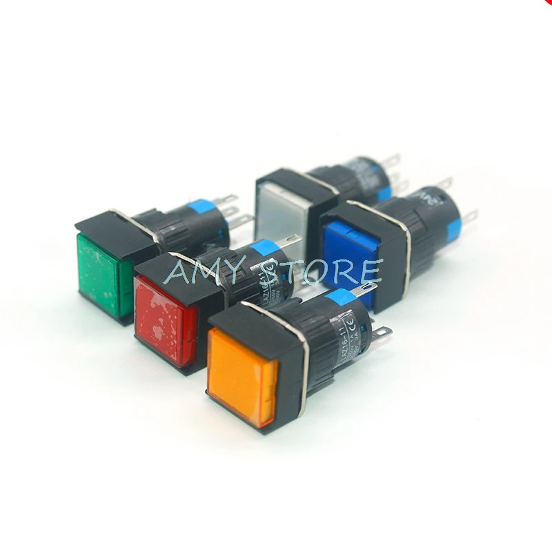 5pcs 16mm 5Pin Push Button Self-Lock Latching Switch Square LED Lamp Light DC 6V 12V 24V AC220V YELLOW WHITE GREEN WHITE BLUE