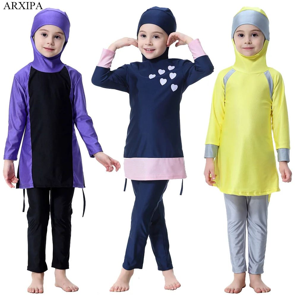 

ARXIPA 2019 Muslim Girl Swimsuit Kids Conservative Split Arabian Islamic Swimwear Burkinis Modest Full Cover Two-piece Children