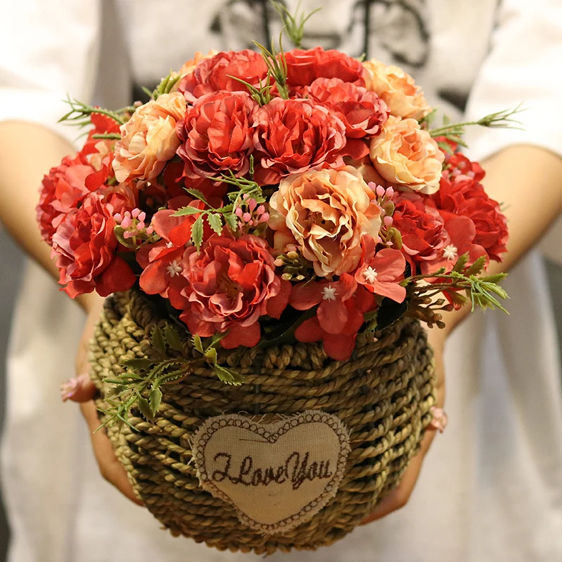 

5 Forks 8 Heads Bouquet Silk Artificial Flowers DIY Peony Rose Simulation Flower Green Leaves For Home Vases Wedding Party Decor