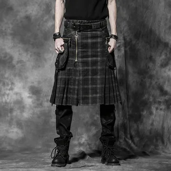

Punk Rave Mens Skirt Gothic Cotton Skirt Personality Vintage Plaid Pants with Pockets Casual Cowboy Skirt Scottish Culottes