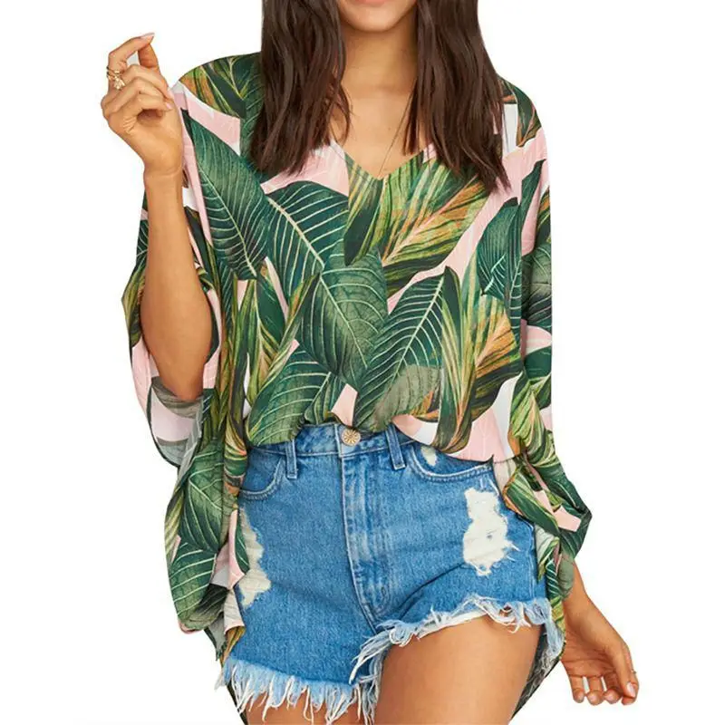 

2019 Summer Blouse Casual Floral Print Loose Chiffon Blouses Women Fashion V-Neck Irregular Beachwear Women Blouses Tops