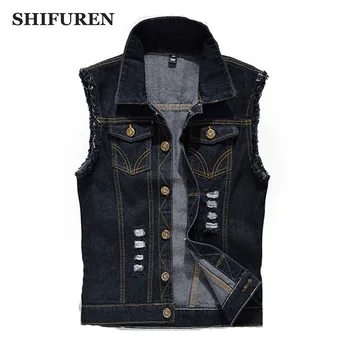 

SHIFUREN Plus Size S-6XL Mens Ripped Jeans Vests Washed Cotton Denim Waistcoat Causal Male Cowboy Tank Tops Sleeveless Jackets