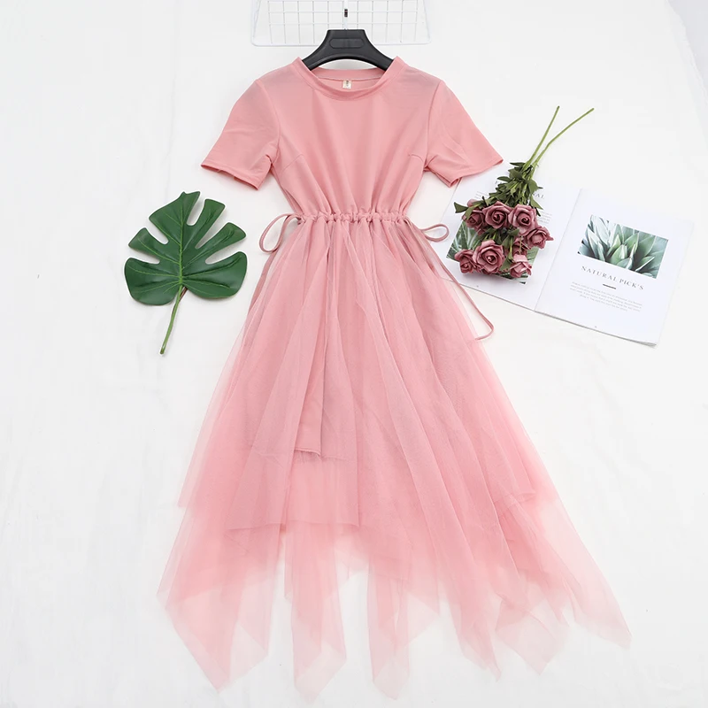 

Women Summer O-neck Short Sleeve Irregular Voile Ruffles Dress Casual Bandage Slim High Waist Mesh Gauze Pullover Tulle Dresses