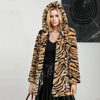 

Ellacey 2019 Winter Tiger Skin Faux Fur Coat Luxury Thick Hooded Long Fur Coat Female Ladies Tiger Pattern Artificial Fur Coat