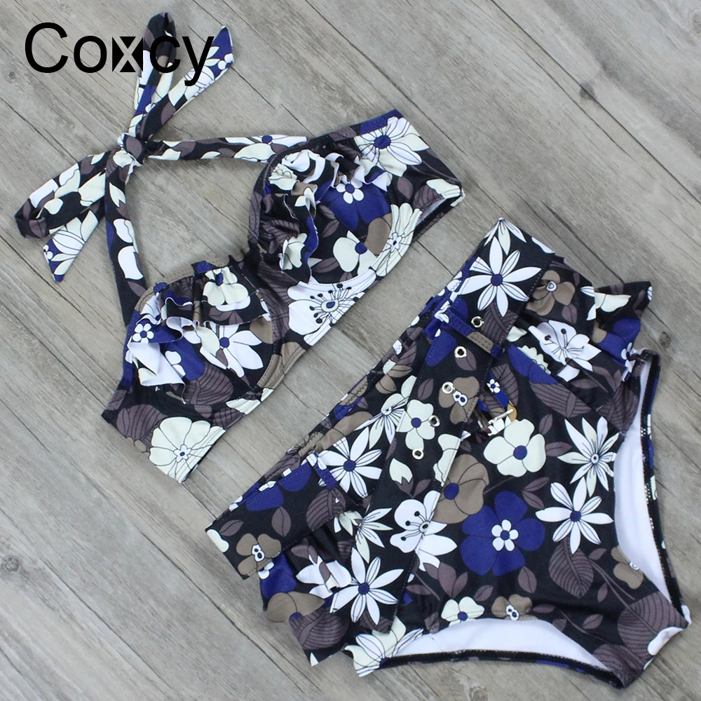 Coxcy бикини с цветочным принтом купальник Женские пикантные спинки Купальники
