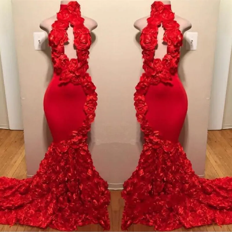 Реальное изображение Красный Элегантный 3D цветок атласные длинные в стиле русалки вечерние платья, платья для торжества завязываемое петлей платье с аппликацией арабский Выпускной халат De Soiree