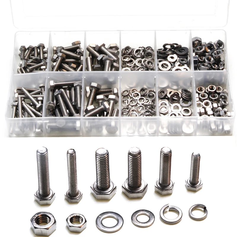 475PCS Hexagon Socket Nuts Screw with Lock Silver Flat / Elastic Washers M4 M5 M6 Kit Stainless