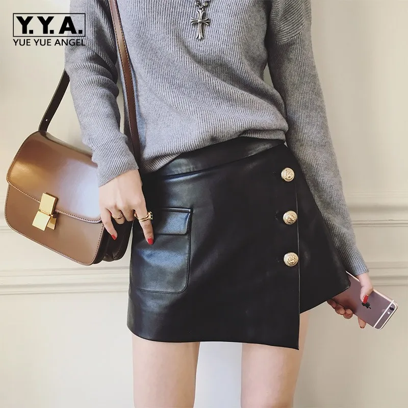 

Top Brand Elegant Lady High Waist Skinny Shorts Skirts Button Black Sheepskin Genuine Leather Slim Fit Short Trousers For Women