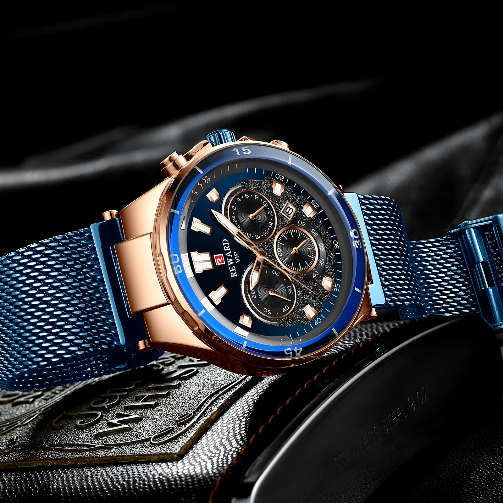 

REWARD Fashion Blue Mens Watches Top Brand Luxury Quartz Wrist Watch Men Chronograph Mesh Strap Casual Dress Montre Homme 2019