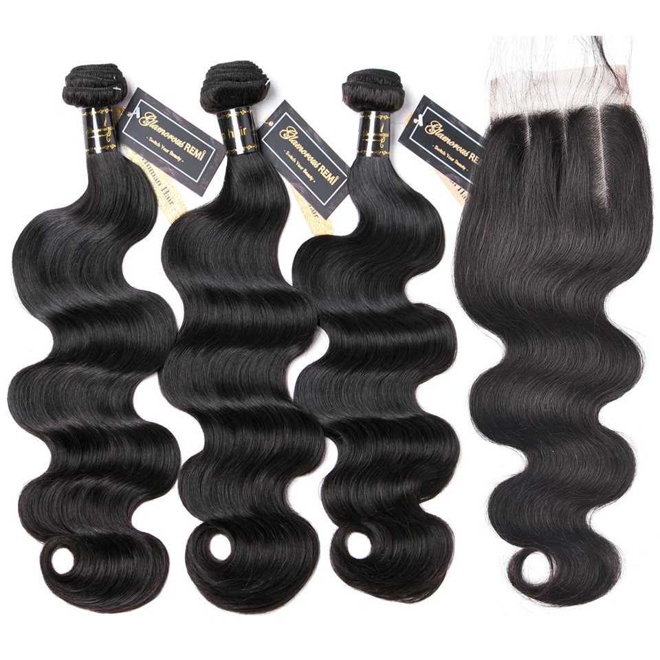 

Brazilian Body Wave Bundles With Closure 100% Remy Human Hair Weave Extensions 3PCS With 4*4 Lace Front Closure for Women