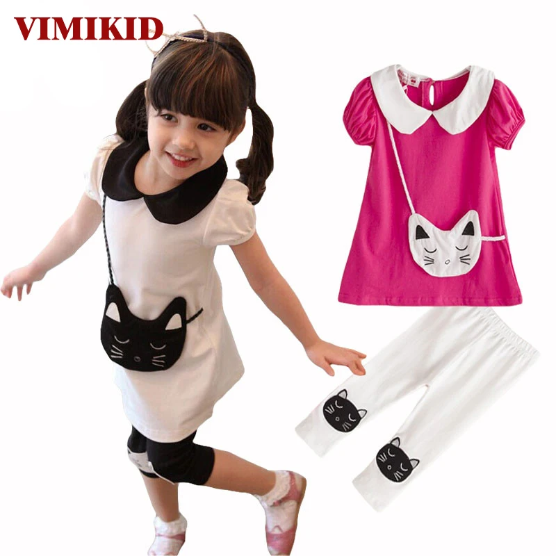 

VIMIKID New Kids Girls Clothes 2 pcs Cotton Pattern Lapel T-shirt+Short Pants Outfits Free&Drop Shipping k1