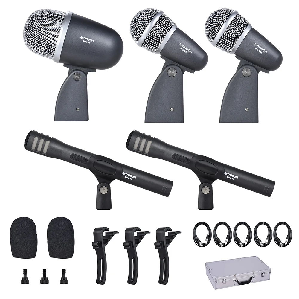 

ammoon DM-DX8 5-Piece Professional Wired Drum Set Microphone Mic Kit with Mounting Accessories Aluminum Carrying Case